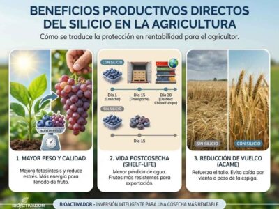 Infografía de beneficios económicos del Silicio: 1. Mayor peso y calidad (llenado), 2. Vida postcosecha extendida (Shelf-life para exportación) y 3. Reducción de vuelco o acame en cereales (tallo fuerte).