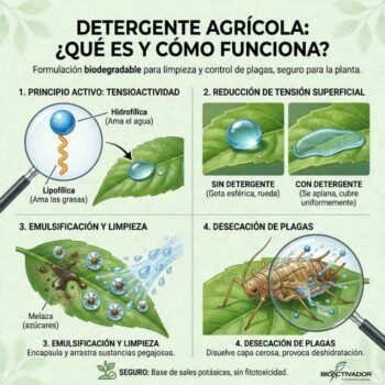 Infografía de funciones del detergente agrícola: 1. Tensioactividad (molécula hidrofílica/lipofílica), 2. Rompe tensión superficial (gota plana), 3. Emulsifica melaza y 4. Deseca plagas disolviendo su capa cerosa.