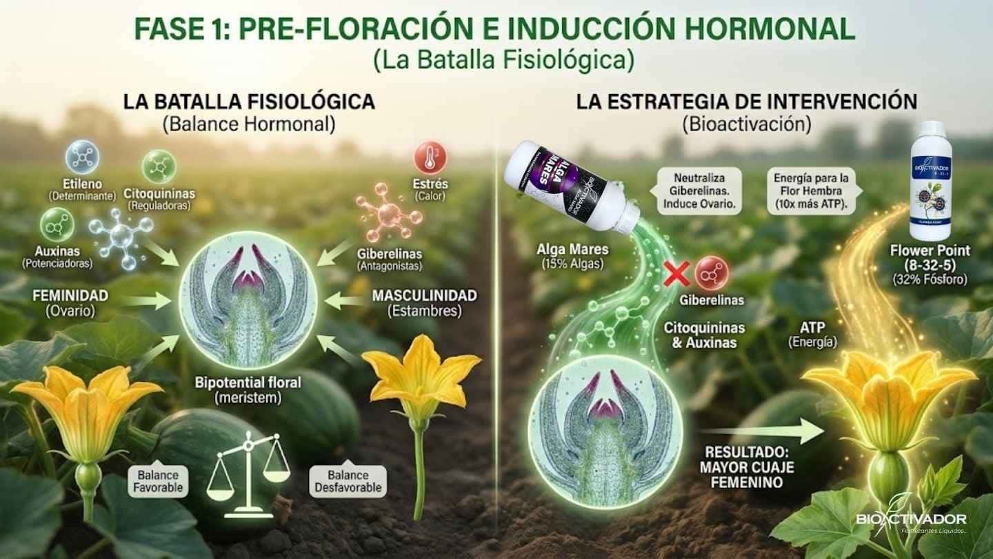 Infografía de inducción hormonal en cucurbitáceas: Estrategia nutricional para inclinar la balanza fisiológica hacia la feminidad (flores hembra) usando Alga Mares (Citoquininas) y Flower Point (Fósforo)