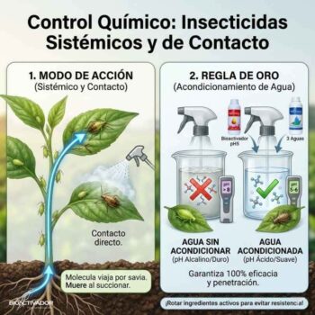 Infografía sobre el control químico de pulgones: Acción de insecticidas sistémicos por la savia, y la regla de oro del acondicionamiento de agua (pH y dureza) para garantizar la eficacia del veneno.