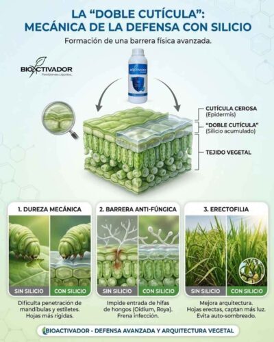 Infografía de beneficios del Silicio Agrícola: 1. Dureza Mecánica (dificulta mordedura de insectos), 2. Barrera Anti-Fúngica (impide entrada de hifas) y 3. Erectofilia (mejora fotosíntesis por hojas rectas).