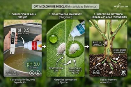 Optimización de mezcla química: 1. Corrección a pH 5.0, 2. Uso de Bioactivador Adherente para fijar en cera, 3. Insecticida sistémico llegando a las raíces y corteza profunda.