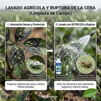 Infografía comparativa de lavado agrícola: hoja asfixiada por pulgones, cera y melaza (izquierda) frente a la aplicación del detergente Deter Eco para disolver el escudo y limpiar la fumagina (derecha).