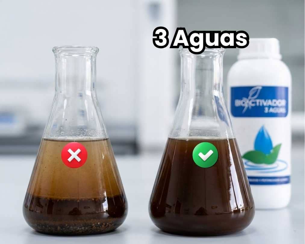 Prueba de compatibilidad: Izquierda mezcla inestable y cortada (precipitación) vs Derecha mezcla homogénea y estable con potenciador agrícola Bioactivador 3 Aguas. Solución para aguas duras y mezclas complejas.