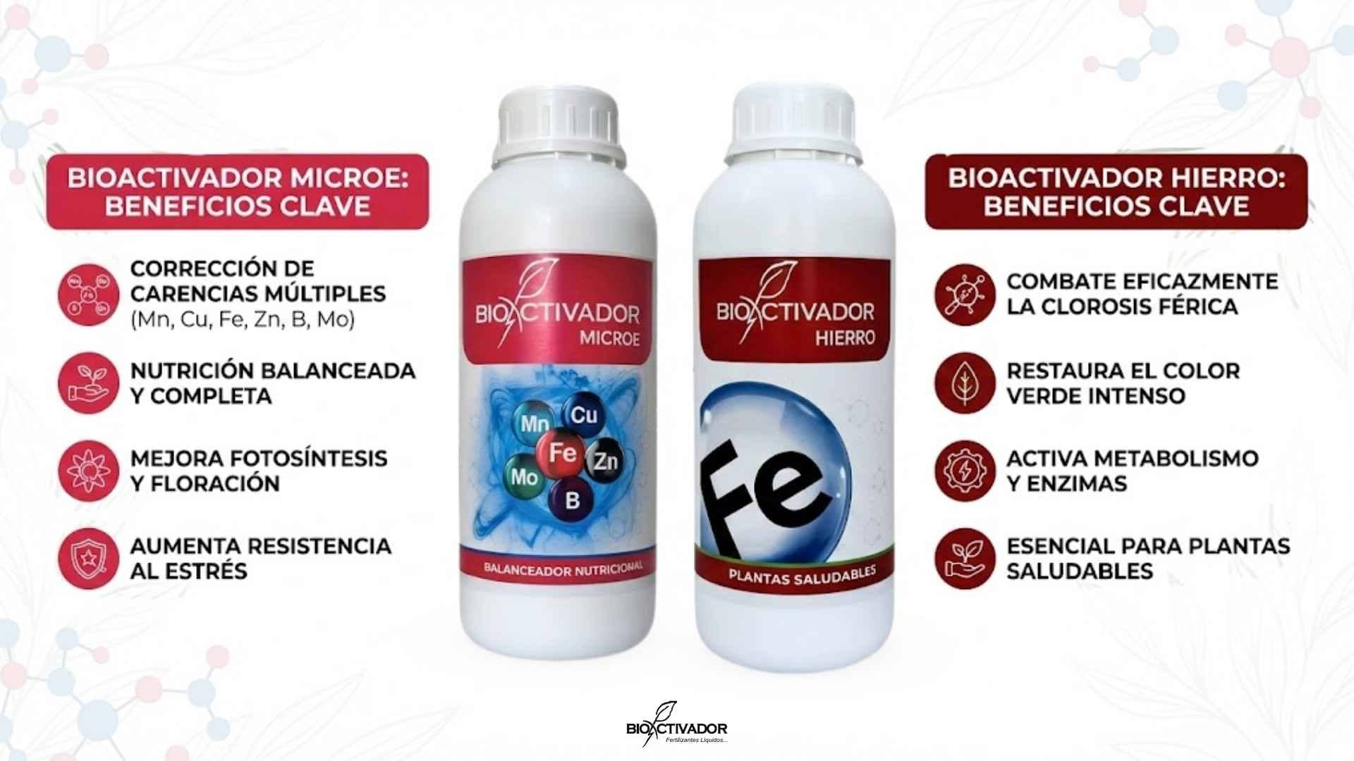 Bioactivadores nutricionales: Bioactivador Microelementos para carencias múltiples y Bioactivador Hierro para corregir clorosis férrica.