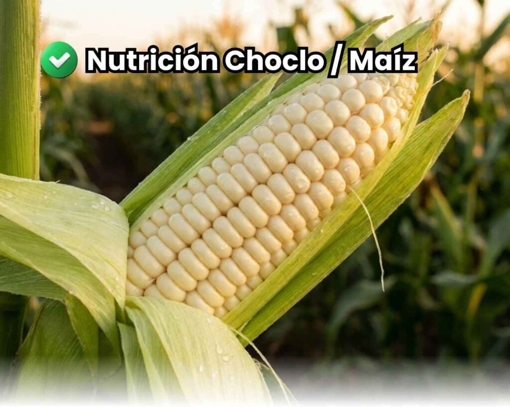 Primer plano de mazorca de choclo con granos llenos y panca verde, resultado de un excelente plan para maíz que asegura máxima calidad nutricional, sabor y altos grados Brix.