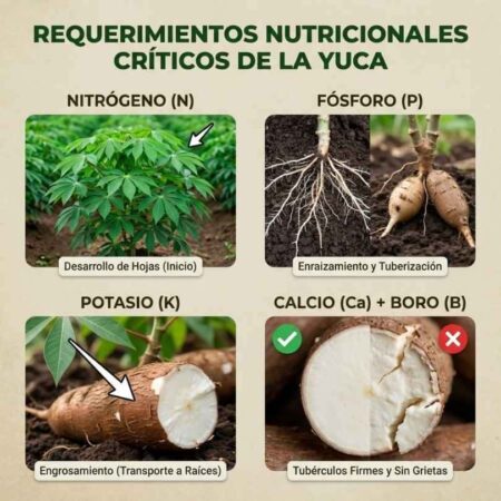 El "Menú" de la Yuca: Nitrógeno, Fósforo, Potasio y Calcio/Boro Requerimientos nutricionales críticos de la yuca: Nitrógeno (hojas), Fósforo (enraizamiento), Potasio (engrosamiento de raíces) y Calcio + Boro (tubérculos firmes sin grietas).