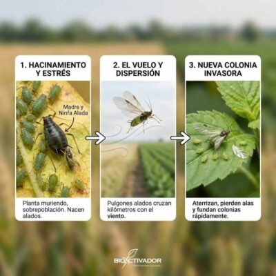 Infografía del proceso de invasión de pulgones en 3 fases: hacinamiento y estrés que genera ninfas aladas, vuelo y dispersión por el viento, y aterrizaje para formar una nueva colonia invasora.