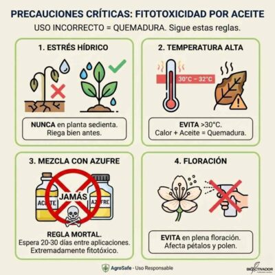 Infografía de precauciones de seguridad para aceite agrícola: 1. No aplicar con estrés hídrico, 2. Evitar temperaturas >30°C (quemadura), 3. Jamás mezclar con Azufre (esperar 30 días) y 4. No usar en floración.