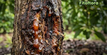 Tronco de árbol mostrando exudado y cancro severo causado por fitoftora en plantas.
