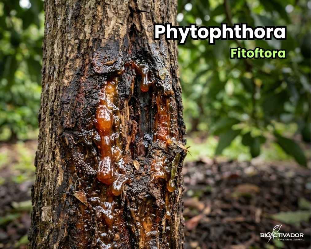 Tronco de árbol mostrando exudado y cancro severo causado por fitoftora en plantas.