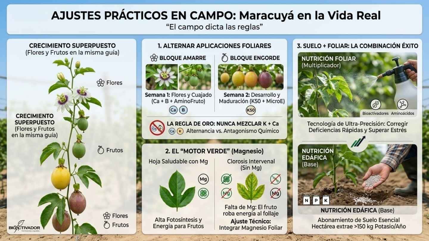 Ajustes prácticos en la nutrición del maracuyá: alternar aplicaciones foliares de amarre y engorde, importancia del magnesio para evitar clorosis, y la combinación de nutrición edáfica con foliar.
