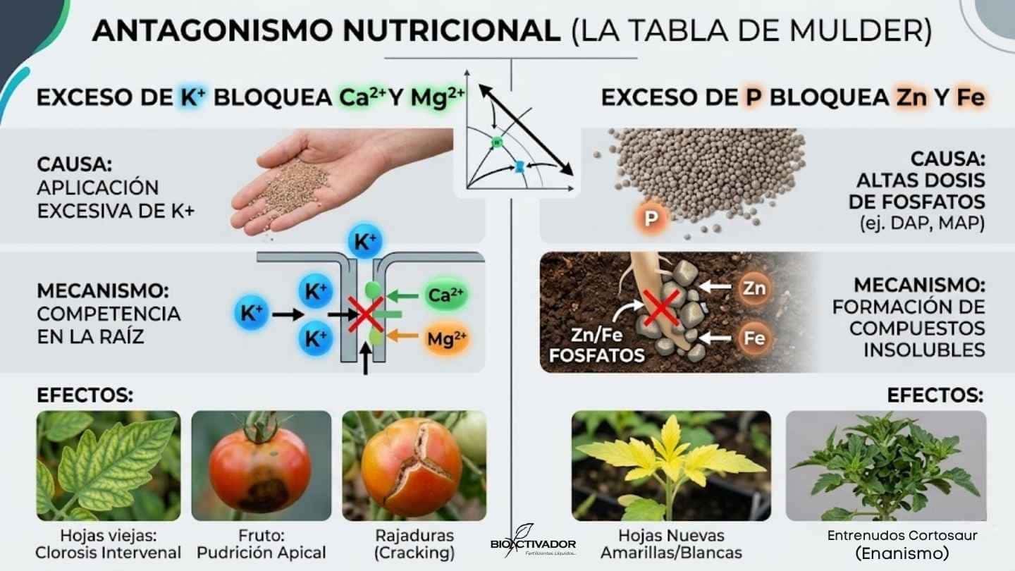 Infografía sobre antagonismo nutricional radicular. Muestra cómo el exceso de Potasio (K) bloquea el Calcio y Magnesio causando pudrición apical, y cómo altas dosis de Fósforo (P) bloquean el Zinc y Hierro causando clorosis.