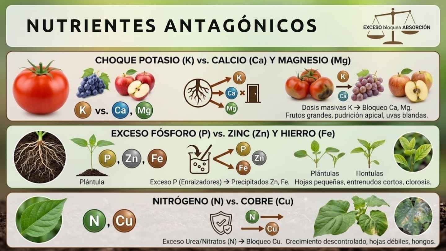 Infografía del antagonismo del Potasio (K) contra el Calcio (Ca) y el Magnesio (Mg), provocando frutos blandos y deficiencia de clorofila.