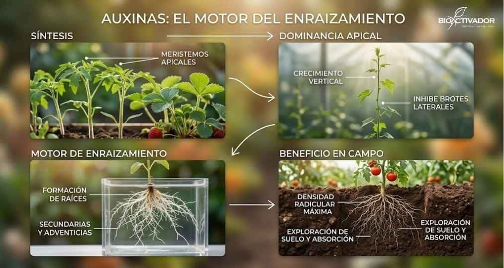 Efecto de las fitohormonas Auxinas en el cultivo: estimulación de meristemos apicales, dominancia apical y máxima formación de raíces secundarias y adventicias para explorar el suelo.