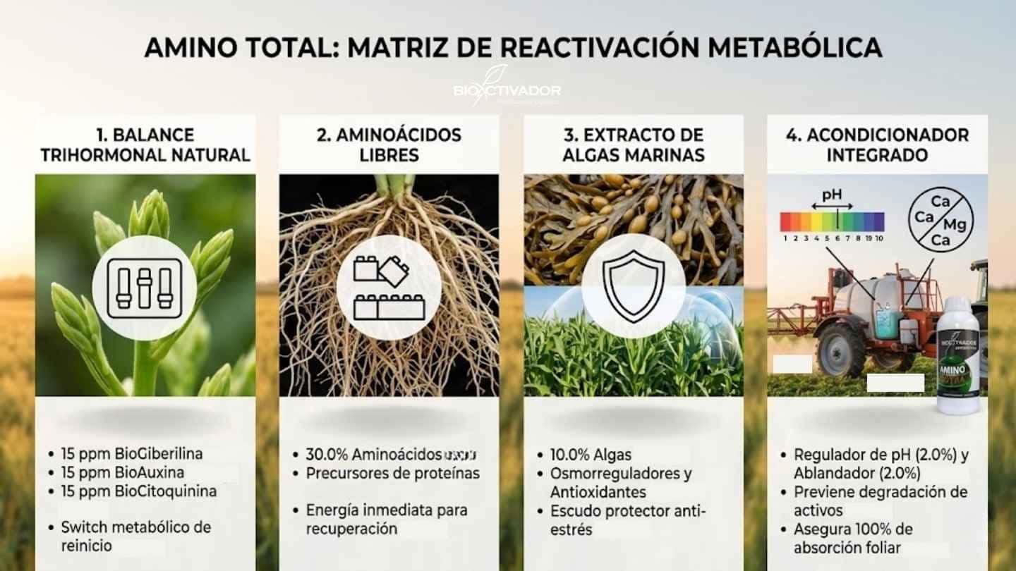 Infografía de la matriz metabólica de Amino Total: bioestimulante agrícola con balance trihormonal (Auxinas, Citoquininas, Giberelinas), 30% aminoácidos libres, algas marinas y regulador de pH integrado.