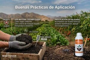 Buenas prácticas para aplicar materia orgánica. Agricultor revisando temperatura de compost estabilizado, oscuro y con olor a bosque. Recomendación de inocular con ácidos fúlvicos.