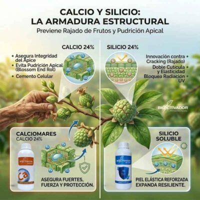 Calcio y Silicio: La Armadura Estructural Definitiva Infografía mostrando cómo la aplicación conjunta de Calcio asimilable y Silicio soluble forma una armadura estructural que previene el rajado y la pudrición apical.