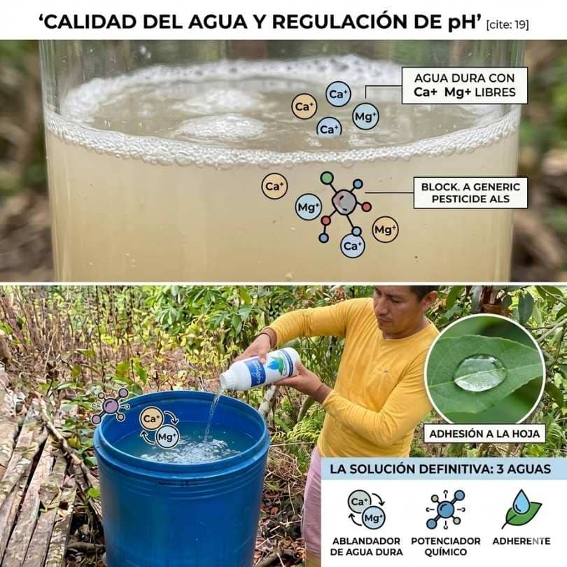 Infografía sobre calidad del agua agrícola: Efecto de los cationes (Ca+ y Mg+) en la degradación de pesticidas y el uso de acondicionadores para mejorar la adhesión foliar.