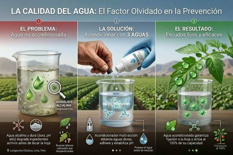Importancia de la calidad del agua en fumigaciones. El agua alcalina degrada agroquímicos por hidrólisis alcalina. Acondicionar con producto 3 Aguas asegura escudos protectores eficaces en la hoja.