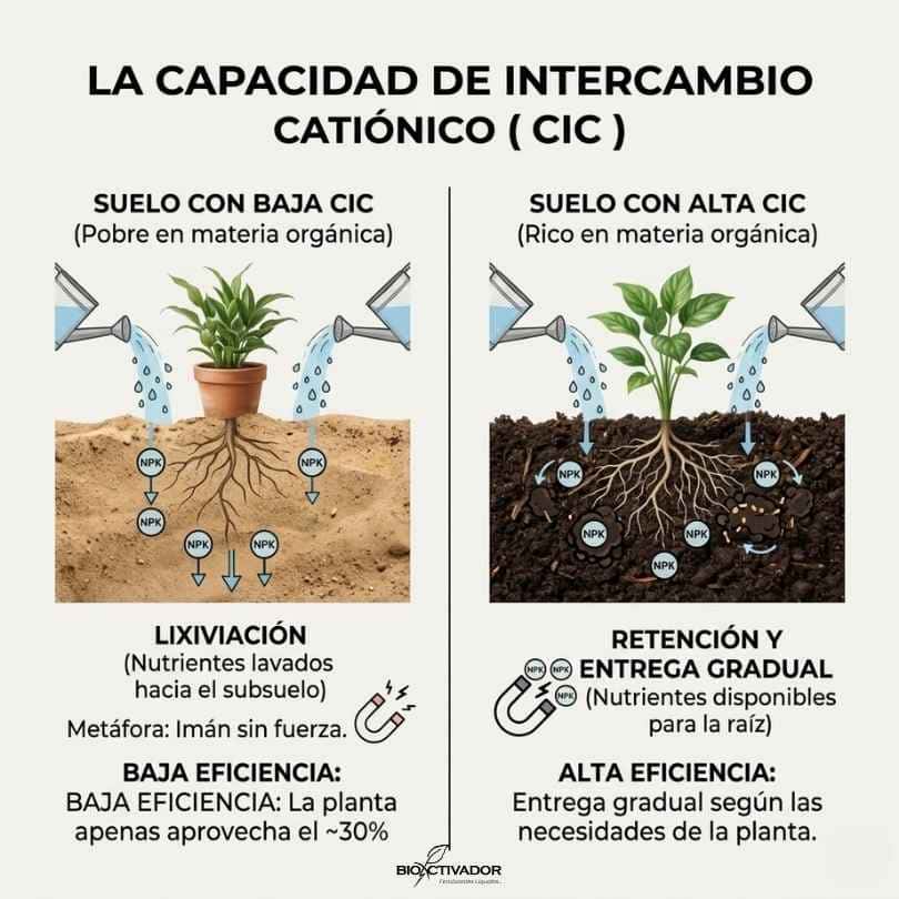 Infografía explicativa de la Capacidad de Intercambio Catiónico (CIC). Compara un suelo pobre donde los fertilizantes se lixivian (pierden) frente a un suelo rico en materia orgánica que retiene y entrega nutrientes gradualmente.