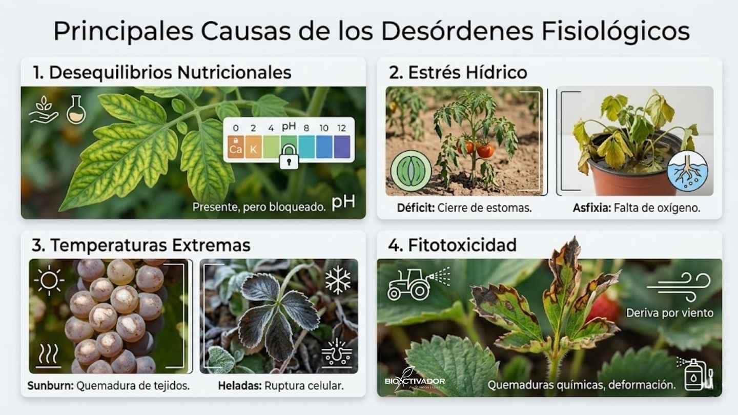 Las 4 causas principales de los desórdenes fisiológicos en plantas: desequilibrios nutricionales por pH, estrés hídrico, temperaturas extremas y fitotoxicidad química.