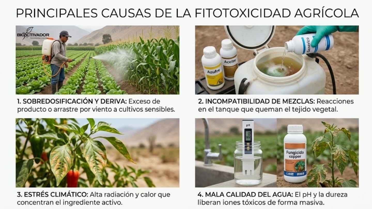 Las 4 causas de fitotoxicidad: deriva de herbicidas, incompatibilidad de mezclas en tanque, alta radiación solar y mala calidad del agua (pH y dureza).