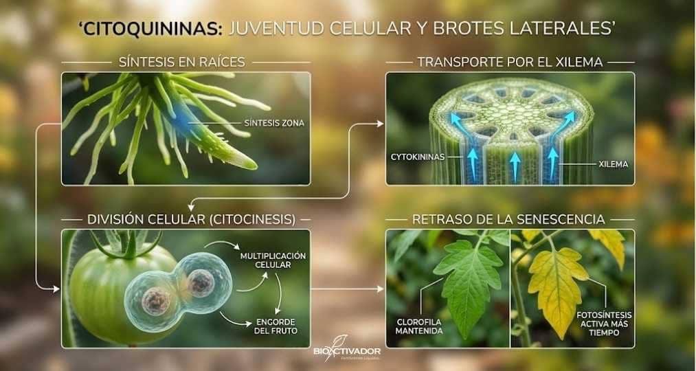 Acción fisiológica de las Citoquininas en plantas: transporte por el xilema, división celular (citocinesis) para engorde de frutos y retraso de la senescencia foliar manteniendo la clorofila activa.