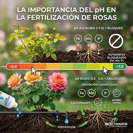 Gráfico explicativo del pH en la fertilización de rosas: El pH alcalino bloquea el Hierro, Manganeso y Fósforo, mientras el pH ácido (5.0-5.5) garantiza la absorción.