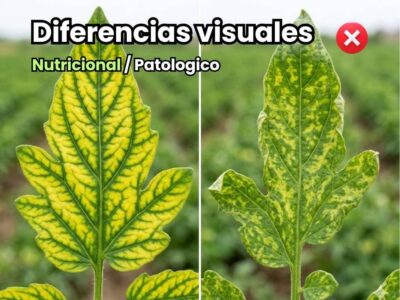 Portada de la guía de diagnóstico foliar que muestra la comparativa visual entre una hoja con deficiencias nutricionales (clorosis intervenal simétrica) y una hoja con daño patológico o de plagas (moteado amarillo asimétrico y deformación).