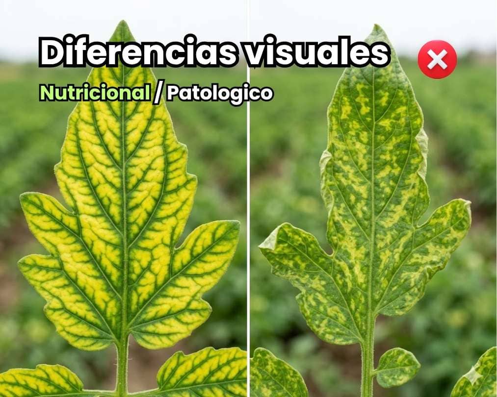 Portada de la guía de diagnóstico foliar que muestra la comparativa visual entre una hoja con deficiencias nutricionales (clorosis intervenal simétrica) y una hoja con daño patológico o de plagas (moteado amarillo asimétrico y deformación).
