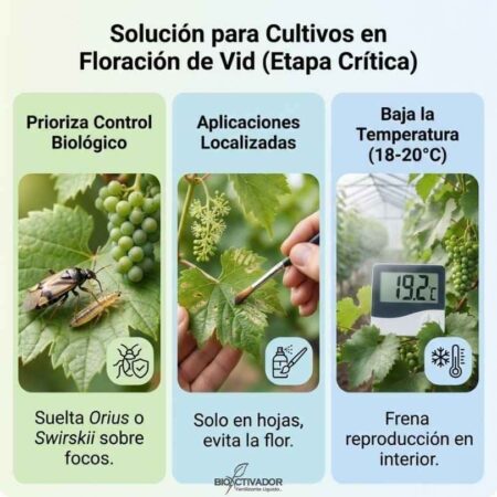 Infografía de control de trips en etapa crítica de floración (vid y frutales): Priorización de Control Biológico (Orius/Swirskii), aplicaciones localizadas en hojas evitando la flor, y manejo de temperatura (18-20°C) para frenar reproducción.
