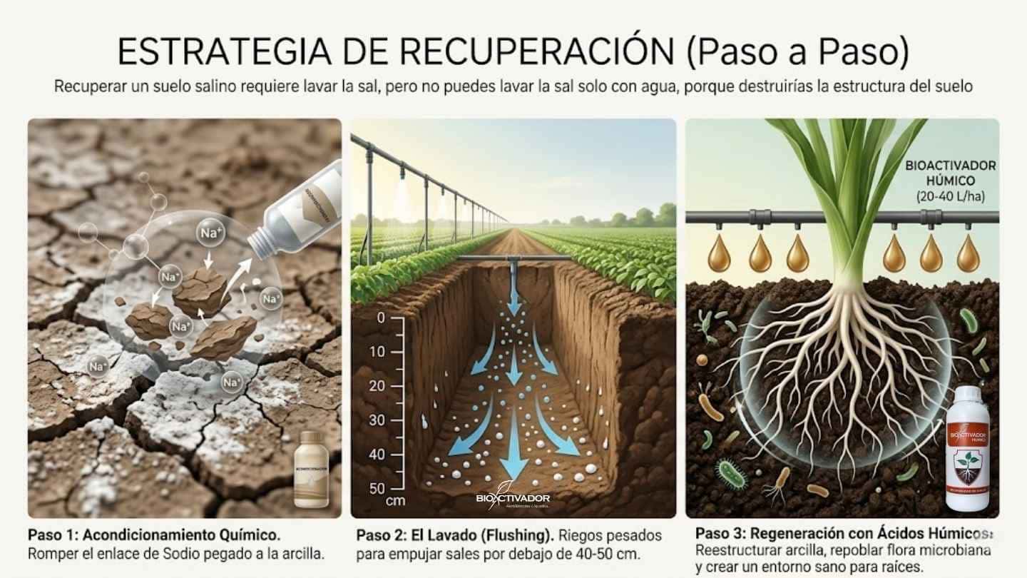 Estrategia paso a paso para recuperar un suelo salino. Acondicionamiento químico rompiendo el sodio, lavado de sales (flushing) con riego profundo, y regeneración de arcilla con ácidos húmicos.