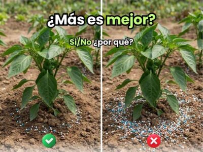 Comparativa visual en campo: a la izquierda, una planta con la dosis correcta de fertilizante granulado; a la derecha, un exceso de fertilizantes marcado con un error, ilustrando que en nutrición agrícola más cantidad no significa mayor cosecha.