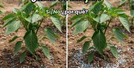 Comparativa visual en campo: a la izquierda, una planta con la dosis correcta de fertilizante granulado; a la derecha, un exceso de fertilizantes marcado con un error, ilustrando que en nutrición agrícola más cantidad no significa mayor cosecha.