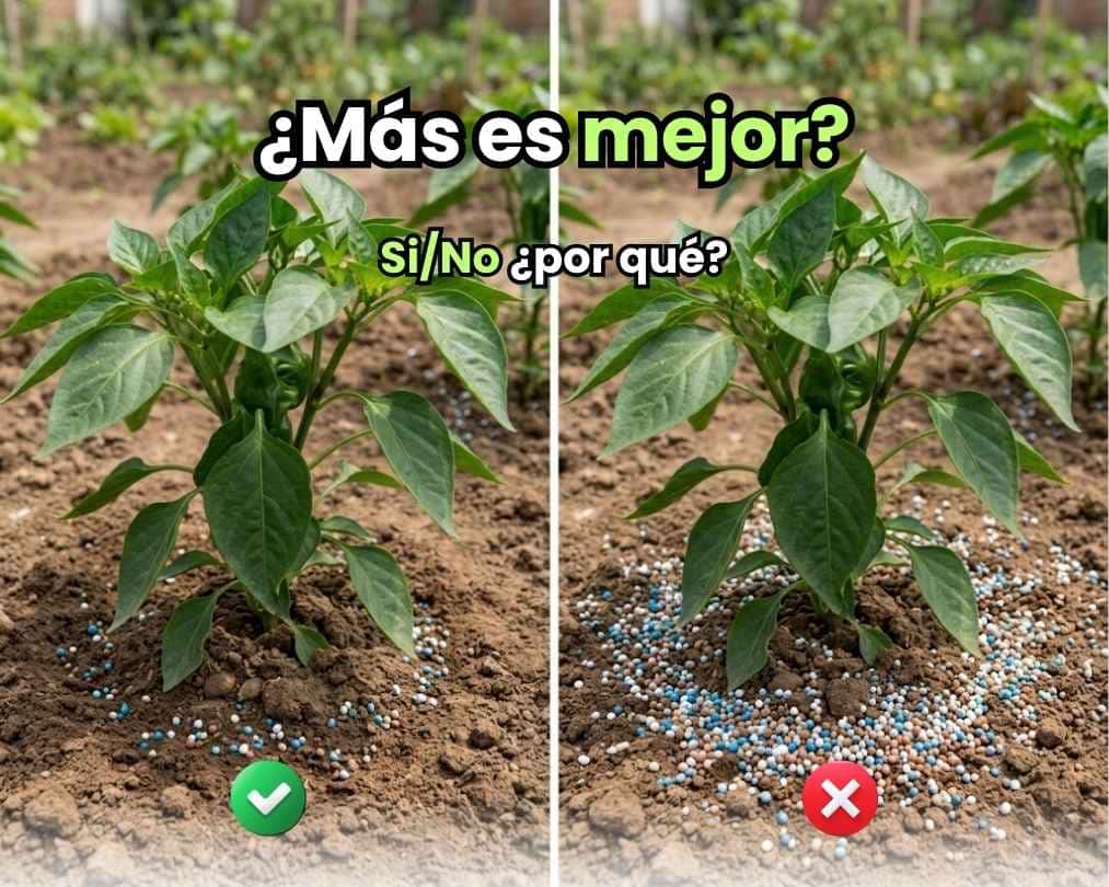 Comparativa visual en campo: a la izquierda, una planta con la dosis correcta de fertilizante granulado; a la derecha, un exceso de fertilizantes marcado con un error, ilustrando que en nutrición agrícola más cantidad no significa mayor cosecha.