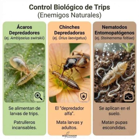 Infografía sobre control biológico de trips usando enemigos naturales: Ácaros depredadores (Amblyseius swirskii), Chinches (Orius laevigatus) y Nematodos entomopatógenos (Steinernema feltiae) para eliminar larvas y pupas.