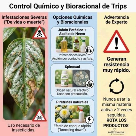 Infografía de control químico y bioracional de trips: Opciones para infestaciones leves (Jabón Potásico + Neem) y severas (Spinosad, Piretrinas). Advertencia crítica sobre la rotación de materias activas para evitar resistencia.
