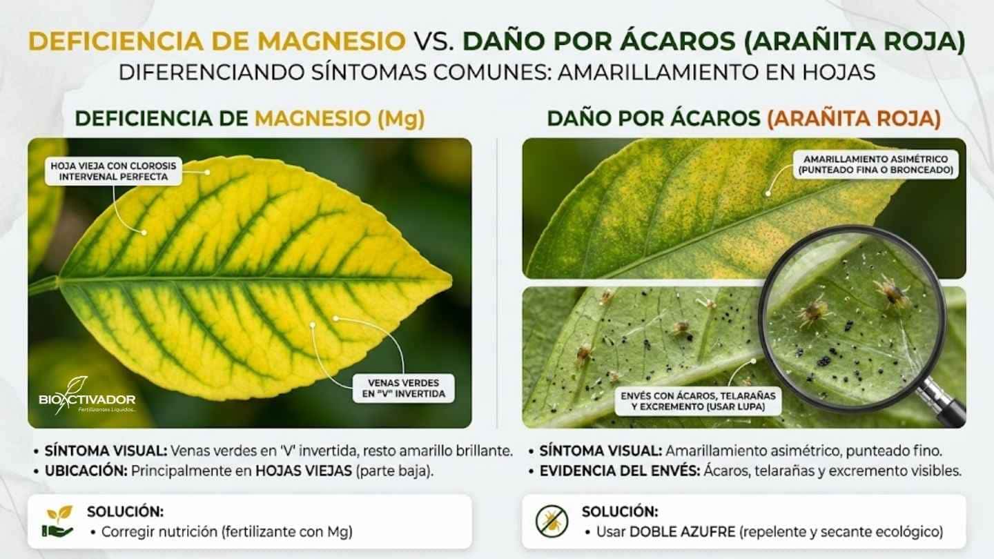 Comparativa de hojas amarillas mostrando deficiencia de magnesio con clorosis intervenal simétrica en V invertida, frente a daño por ácaros o arañita roja con punteado asimétrico y telarañas en el envés.