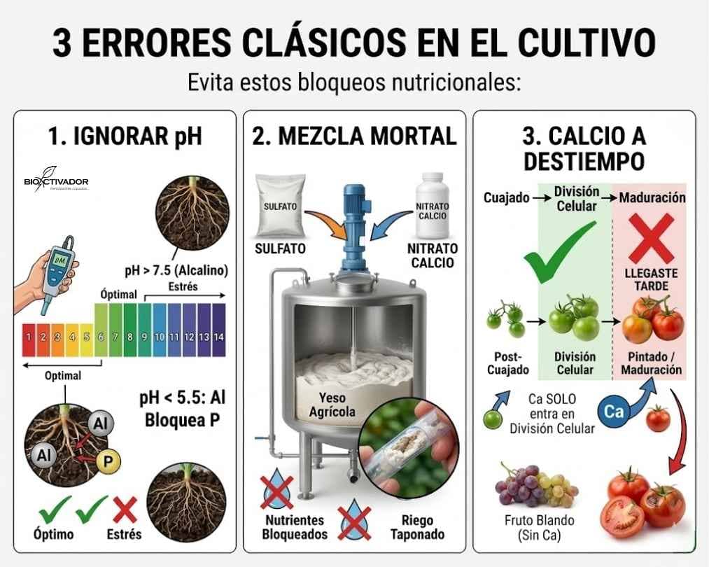 Gráfico de la influencia del pH del suelo en la disponibilidad de nutrientes, mostrando el bloqueo de metales en pH alcalino y fósforo en pH ácido.