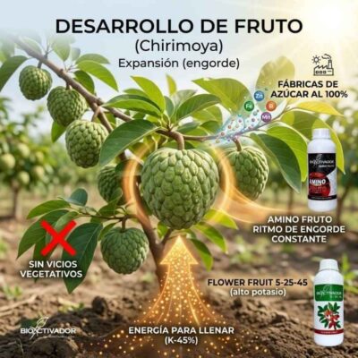 Desarrollo y expansión del fruto de la chirimoya. Enfoque en fertilización foliar con alto potasio (Flower Fruit) y micronutrientes para mantener la fotosíntesis activa.