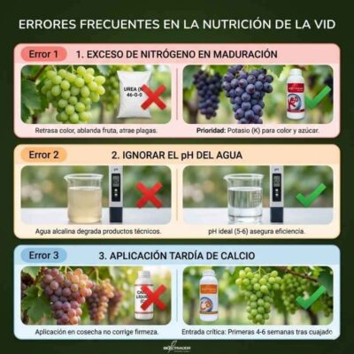 Infografía de 3 errores frecuentes en nutrición de la vid: Exceso de nitrógeno que retrasa el color, agua alcalina que bloquea agroquímicos, y aplicación tardía de calcio que no corrige la firmeza de la uva.