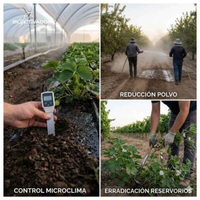 Estrategias culturales de prevención contra la arañita roja: control de microclima aumentando la humedad, reducción de polvo en caminos agrícolas y erradicación de malezas reservorio.