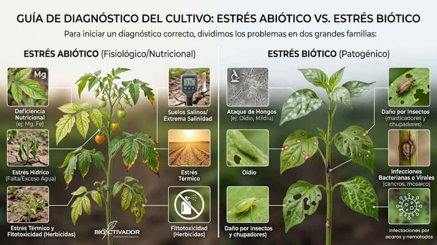 Diagrama de diagnóstico de cultivos comparando estrés abiótico fisiológico como deficiencia nutricional y salinidad, frente a estrés biótico patogénico como ataque de hongos, bacterias e insectos.