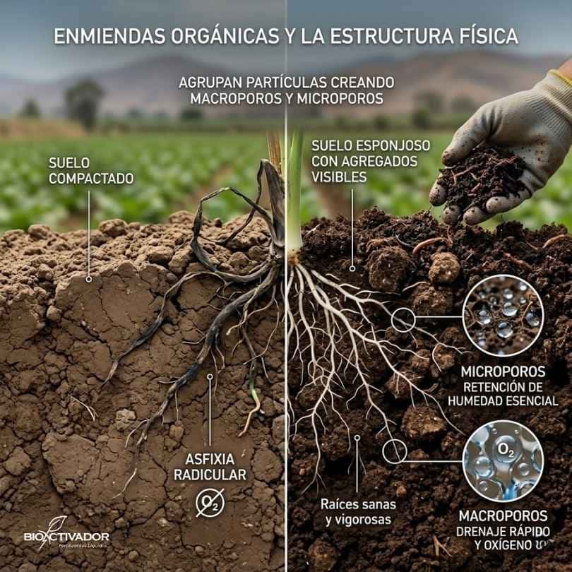 Diferencia física entre un suelo compactado con asfixia radicular y un suelo esponjoso recuperado con enmiendas orgánicas que agrupan partículas formando macroporos y microporos.