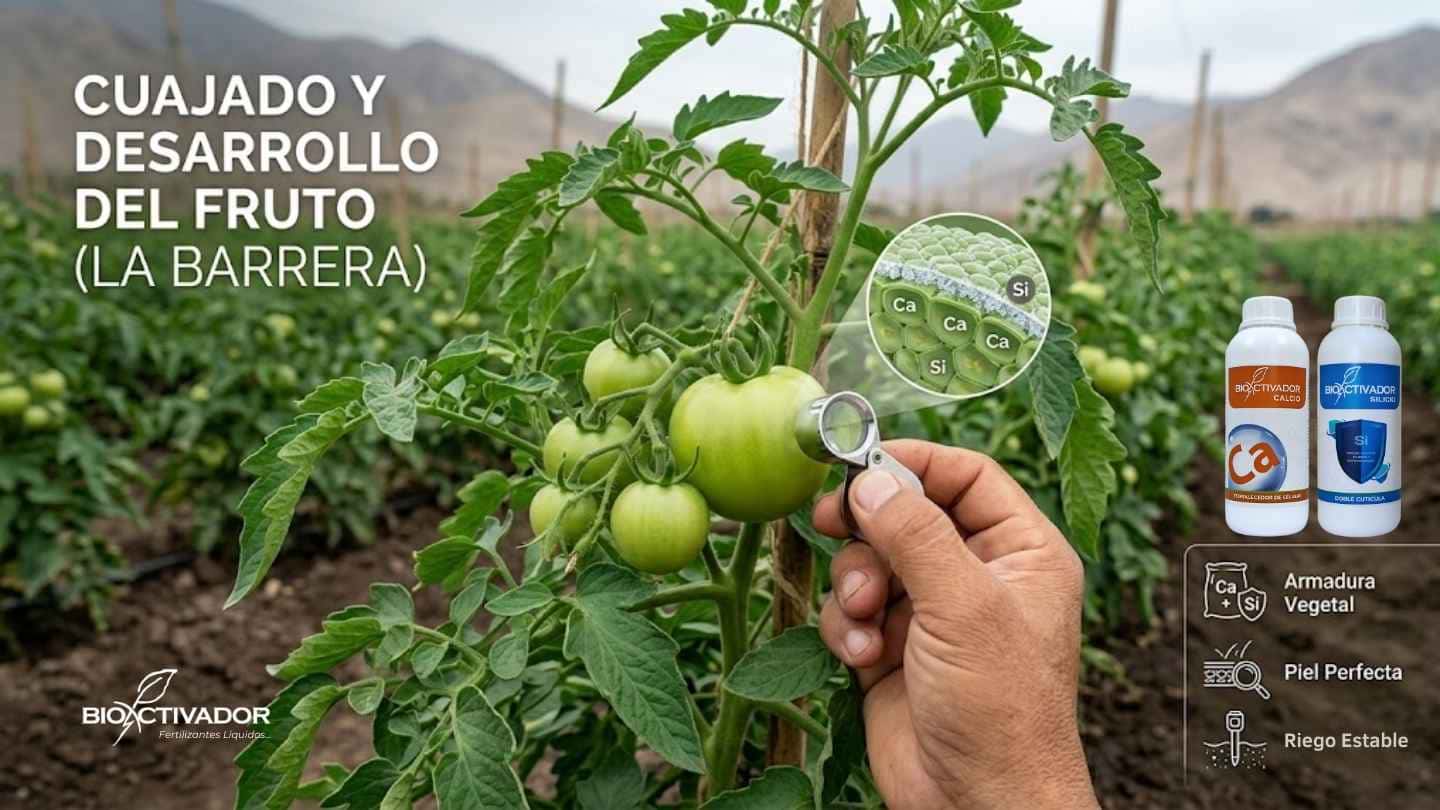 Protección en etapa de cuajado y desarrollo del fruto en tomate. Aplicación conjunta de Calcio y Silicio para crear una doble cutícula o armadura vegetal contra ataques bióticos y rajaduras.