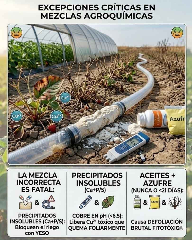 Advertencias críticas en mezclas: Precipitados insolubles (Ca+P/S), toxicidad por Cobre en pH ácido y fitotoxicidad brutal por mezcla de Aceites + Azufre.