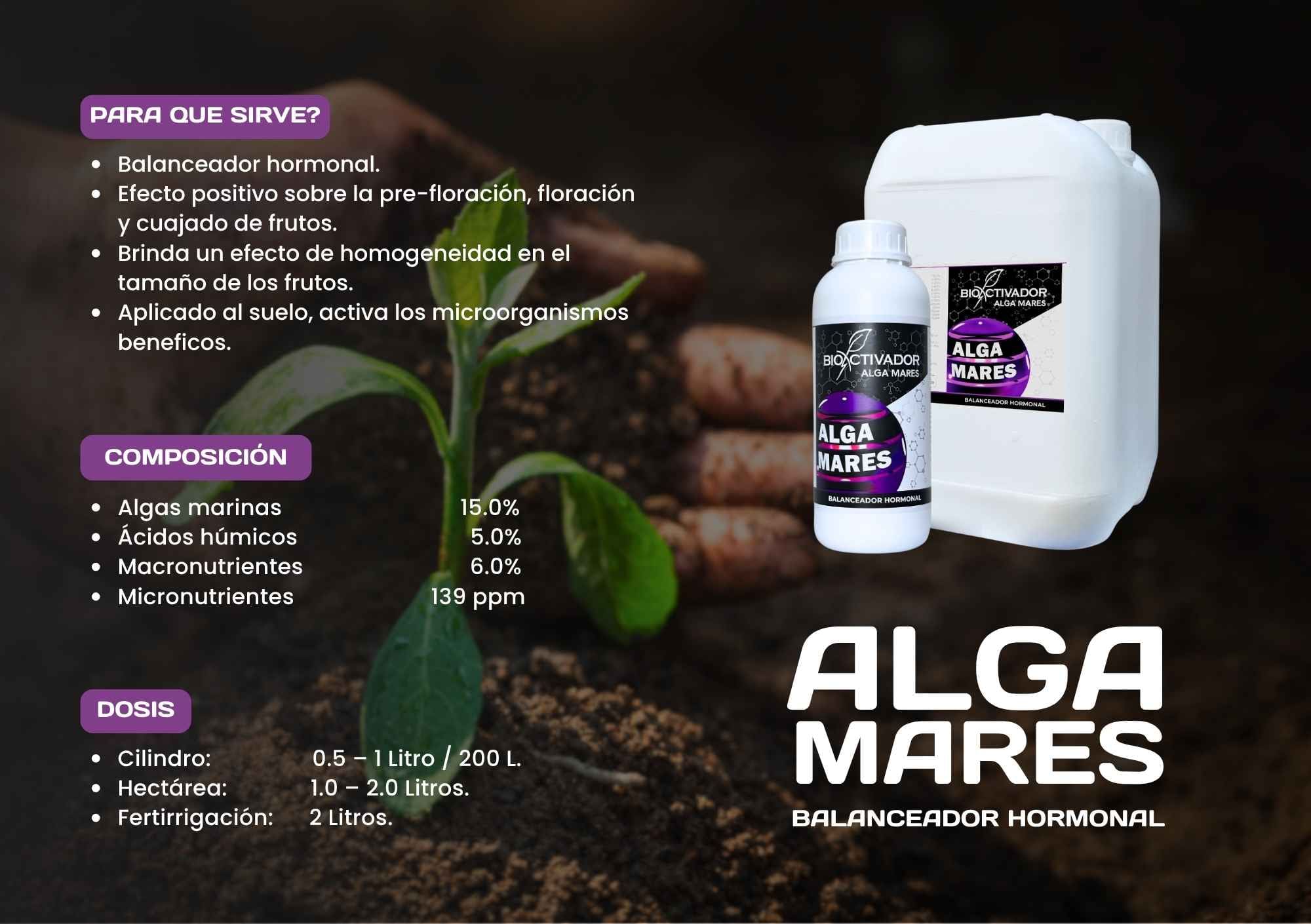 Infografía técnica de Alga Mares mostrando su composición: 15.0% algas marinas, 5.0% ácidos húmicos. Incluye dosis por hectárea y fertirrigación.