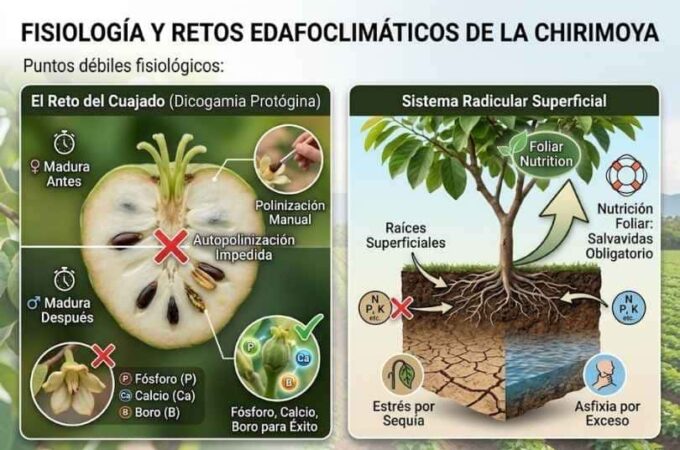 Infografía sobre la fisiología de la chirimoya, mostrando la dicogamia protógina que impide la autopolinización y el sistema radicular superficial vulnerable al estrés.