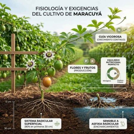 Fisiología del Maracuyá: La Raíz del Éxito Fisiología y exigencias del cultivo de maracuyá. Muestra un sistema radicular superficial sensible al encharcamiento y la necesidad de equilibrio entre Nitrógeno, Fósforo y Potasio para guías y frutos.